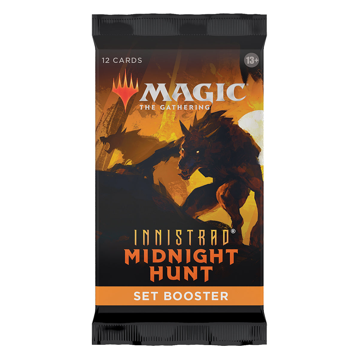 The Wizards of the Coast Magic the Gathering: Innistrad Midnight Hunt Set Booster Pack contains 12 cards and is for ages 13+.