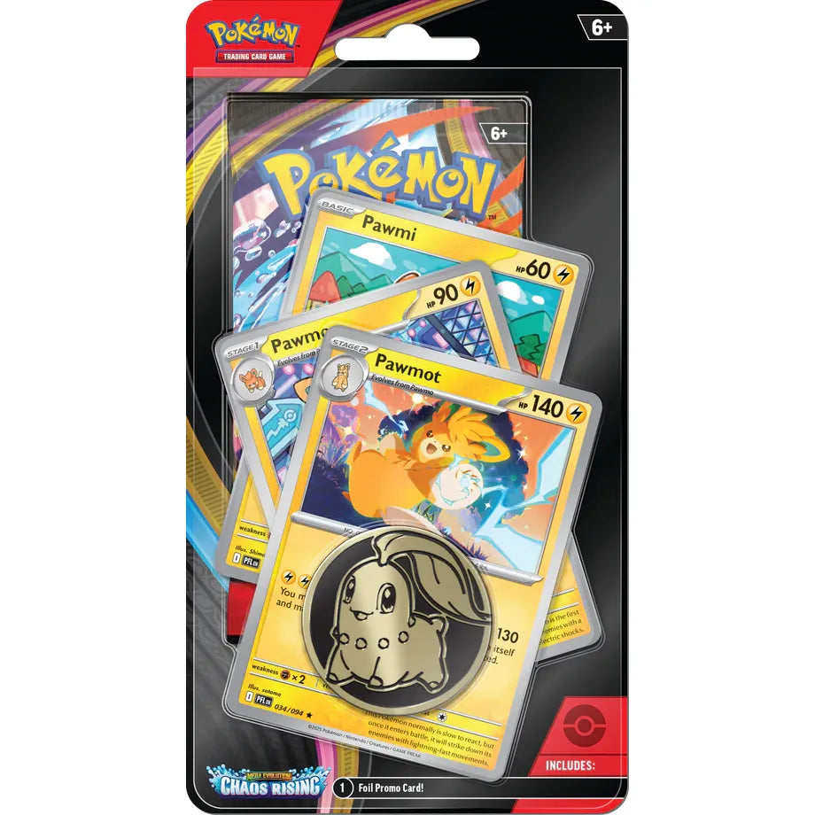 The Pokémon TCG: Chaos Rising Premium Checklane Blister Pack from The Pokémon Company features three cards—Flygon, Vibrava, and Trapinch—and includes a metal coin with a Chikorita design. This pack comes in clear plastic packaging labeled Pokémon Trading Card Game and Sun & Moon: Cosmic Eclipse.