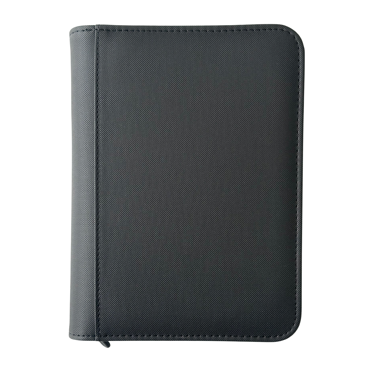A closed, black textured TCGpicks: Samlekortmappe [240 pockets 2X2] by Ml Trading with rounded corners and visible stitching along the edges, photographed on a white background—perfect as a stylish TCG binder or samlekortmappe for organized samlekort opbevaring.