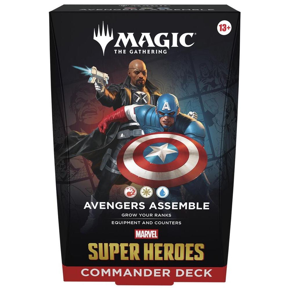 Four Wizards of the Coast Magic the Gathering: Marvel Super Heroes Commander Deck boxes, featuring Avengers Assemble, Wakanda Forever, Fantastic Four, and Loki-themed designs.