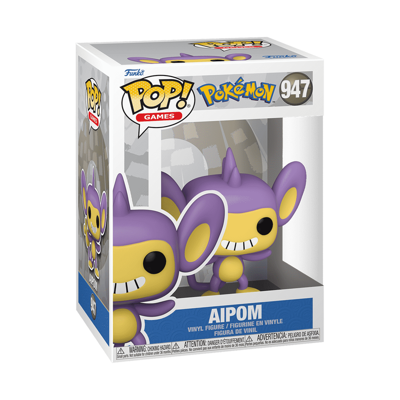 A Funko POP! Pokemon: Aipom (#947) vinyl figure by Funko, featuring the purple cartoon monkey Pokemon with large ears, a yellow face and belly, big black eyes, a wide smile showing four teeth, and a hand-shaped tail, posed standing and waving.