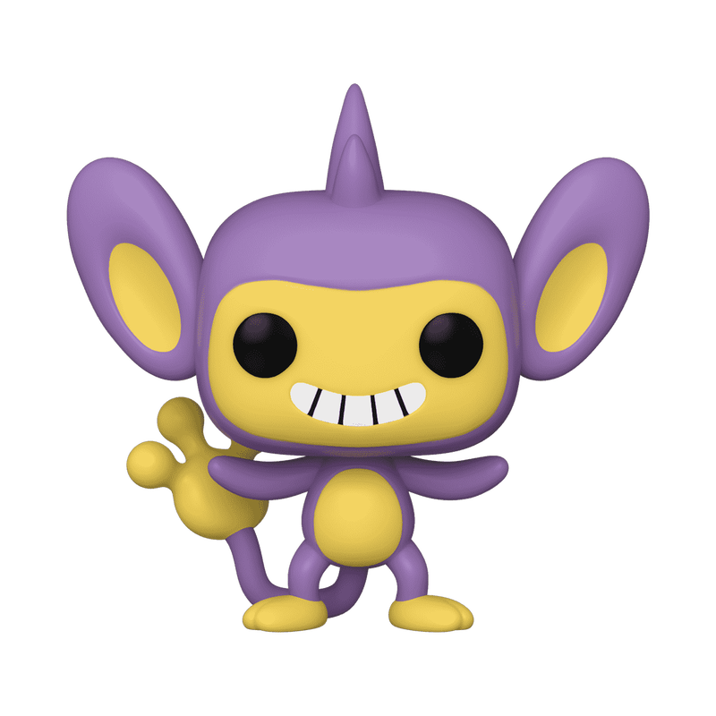 A Funko POP! Pokemon: Aipom (#947) vinyl figure by Funko, featuring the purple cartoon monkey Pokemon with large ears, a yellow face and belly, big black eyes, a wide smile showing four teeth, and a hand-shaped tail, posed standing and waving.