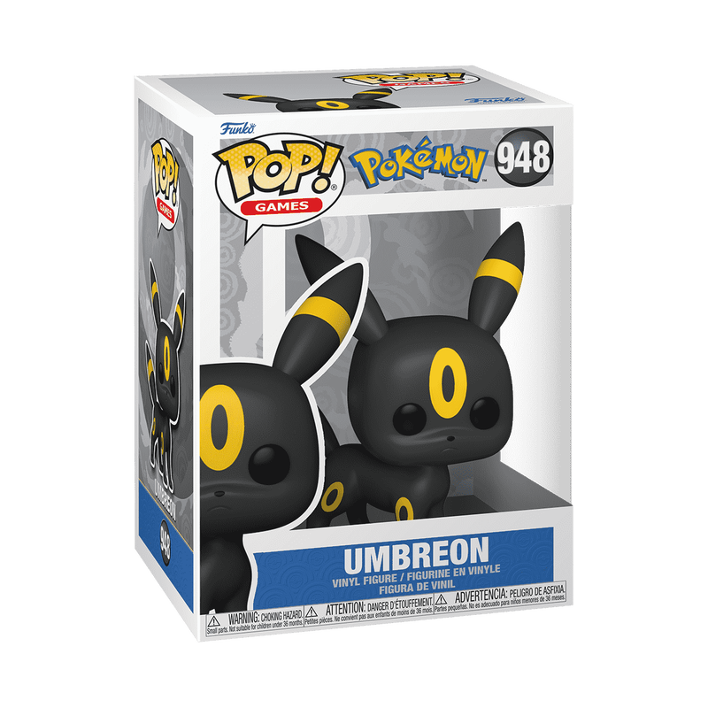 A Funko Pop vinyl figure of Umbreon, a black Pokémon with yellow rings on its ears, tail, and body, large ears, and red eyes, standing on all fours against a plain white background.