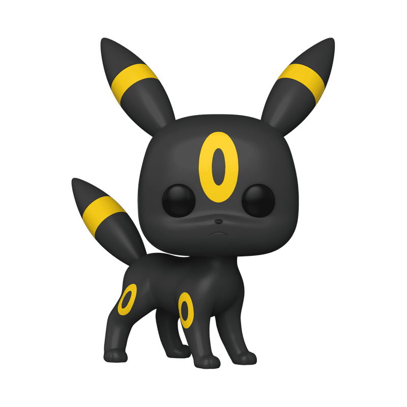 A Funko Pop vinyl figure of Umbreon, a black Pokémon with yellow rings on its ears, tail, and body, large ears, and red eyes, standing on all fours against a plain white background.