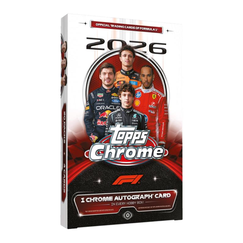 A rectangular Topps Chrome F1 2026 Hobby Box featuring photos of three Formula 1 drivers, the year 2026, and branding for Formula 1 and Chrome cards.