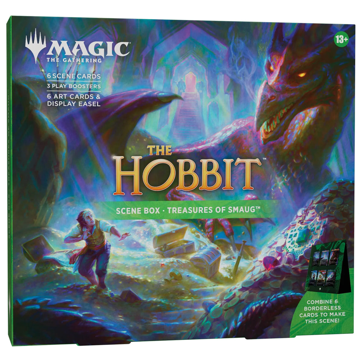Wizards of the Coast The Hobbit - Scene Boxes: Treasures of Smaug includes Smaug the dragon guarding his treasure with Bilbo Baggins nearby, plus featured items; recommended for ages 13 and up.