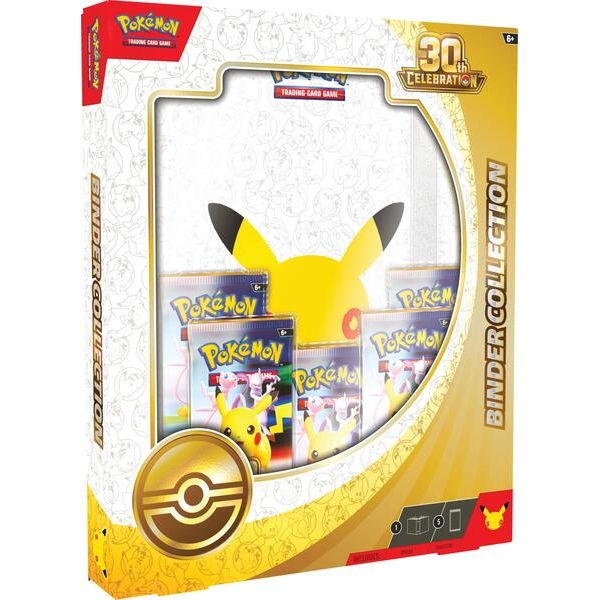 The Pokémon TCG: 30th Celebration Binder Collection by The Pokémon Company includes a yellow Pikachu binder and five booster packs, all presented in elegant white and gold-themed packaging.