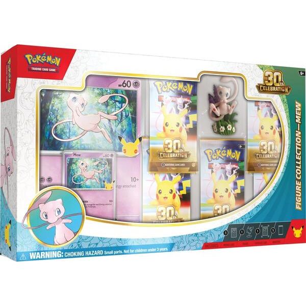 Pokémon TCG: 30th Celebration Figure Collection by The Pokémon Company, includes a Mew figure, foil promo card, four celebration booster packs, and a warning label in a special display box with festive graphics.