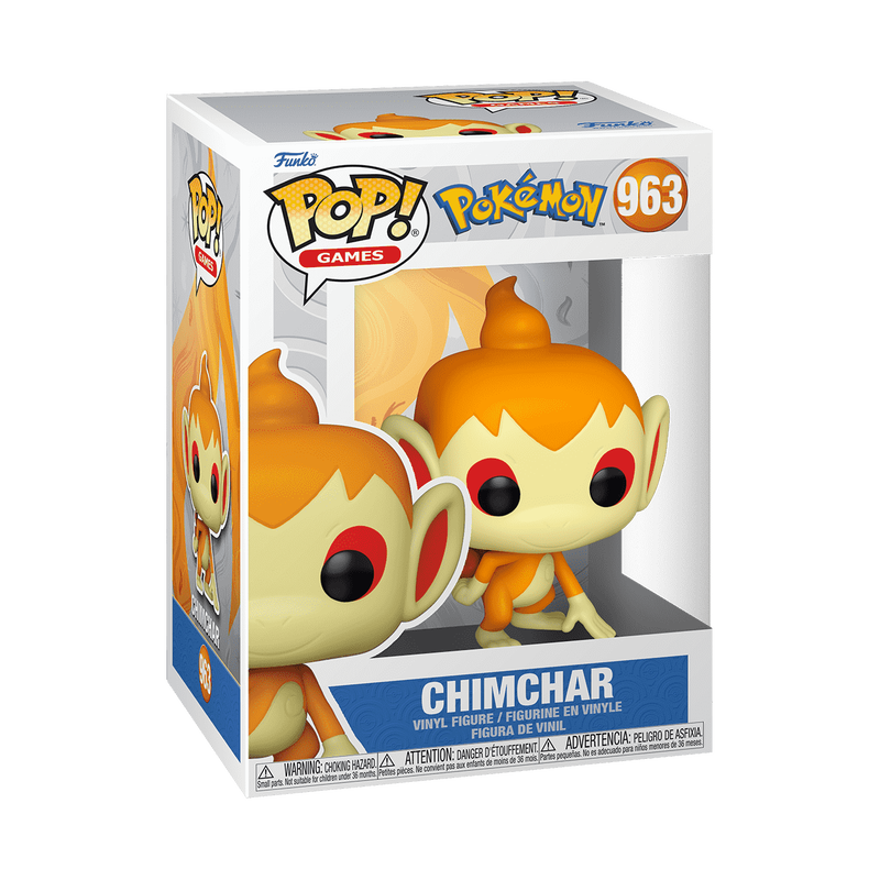 The Funko POP! Pokemon: Chimchar - #963 by Funko is a chibi-style collectible vinyl figure depicting the cartoon monkey Pokémon Chimchar, featuring orange fur, large red and black eyes, big ears, and standing on two legs with one hand on the ground.