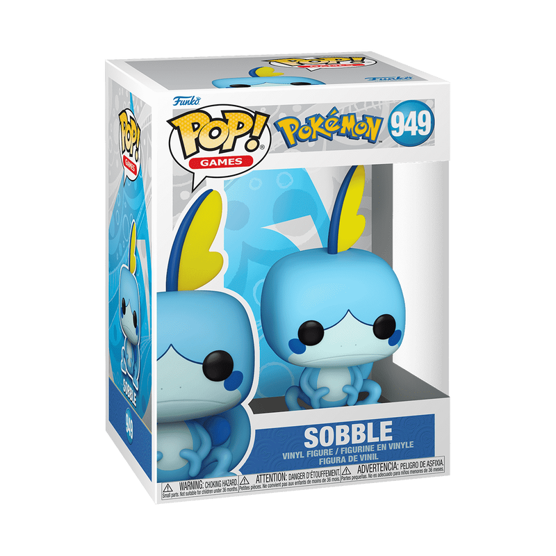 A Funko POP! Pokemon: Sobble (#949) vinyl figure by Funko, featuring a blue, cartoonish character with a big square head, large black eyes, blue cheeks, and a yellow fin on its head, sitting with its hands on its knees.