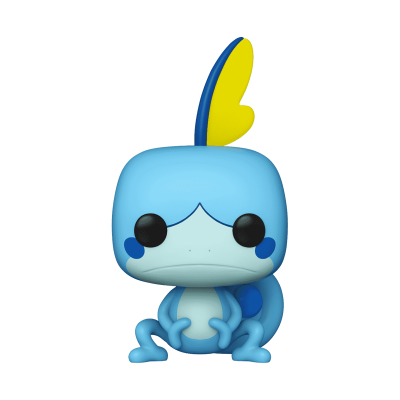 A Funko POP! Pokemon: Sobble (#949) vinyl figure by Funko, featuring a blue, cartoonish character with a big square head, large black eyes, blue cheeks, and a yellow fin on its head, sitting with its hands on its knees.