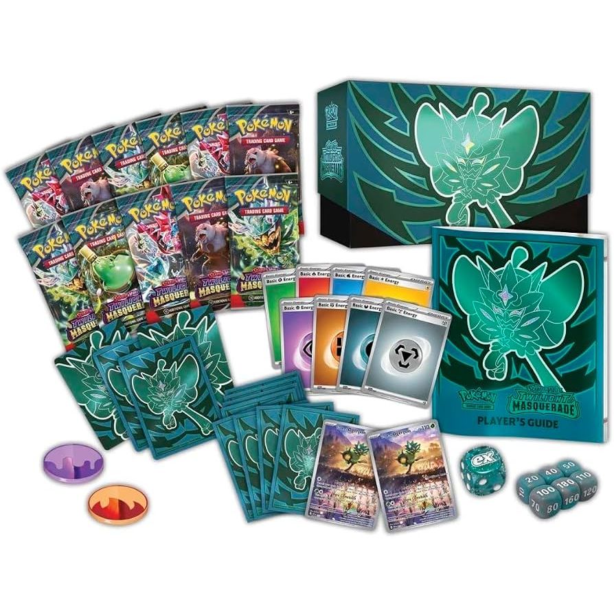 The Pokémon TCG: Twilight Masquerade Pokémon Center Elite Trainer Box by The Pokémon Company features a stylized teal Pokémon character, logo, and a warning label on the front.