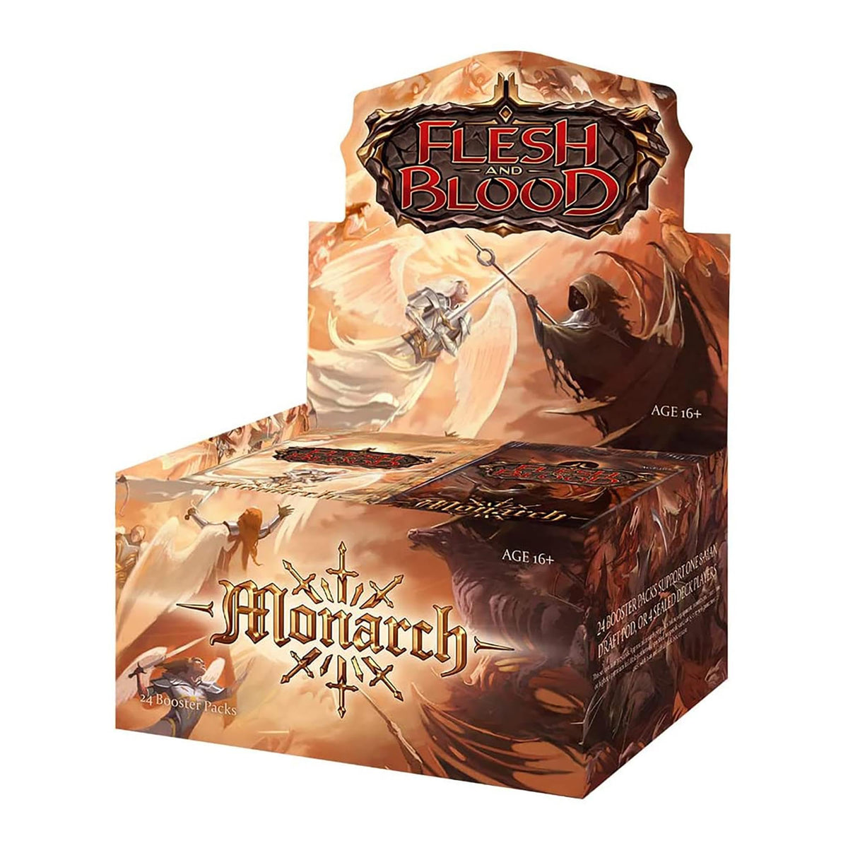 A Flesh and Blood TCG: Monarch (1st edition) Booster Display box featuring fantasy artwork of a knight fighting a cloaked figure.