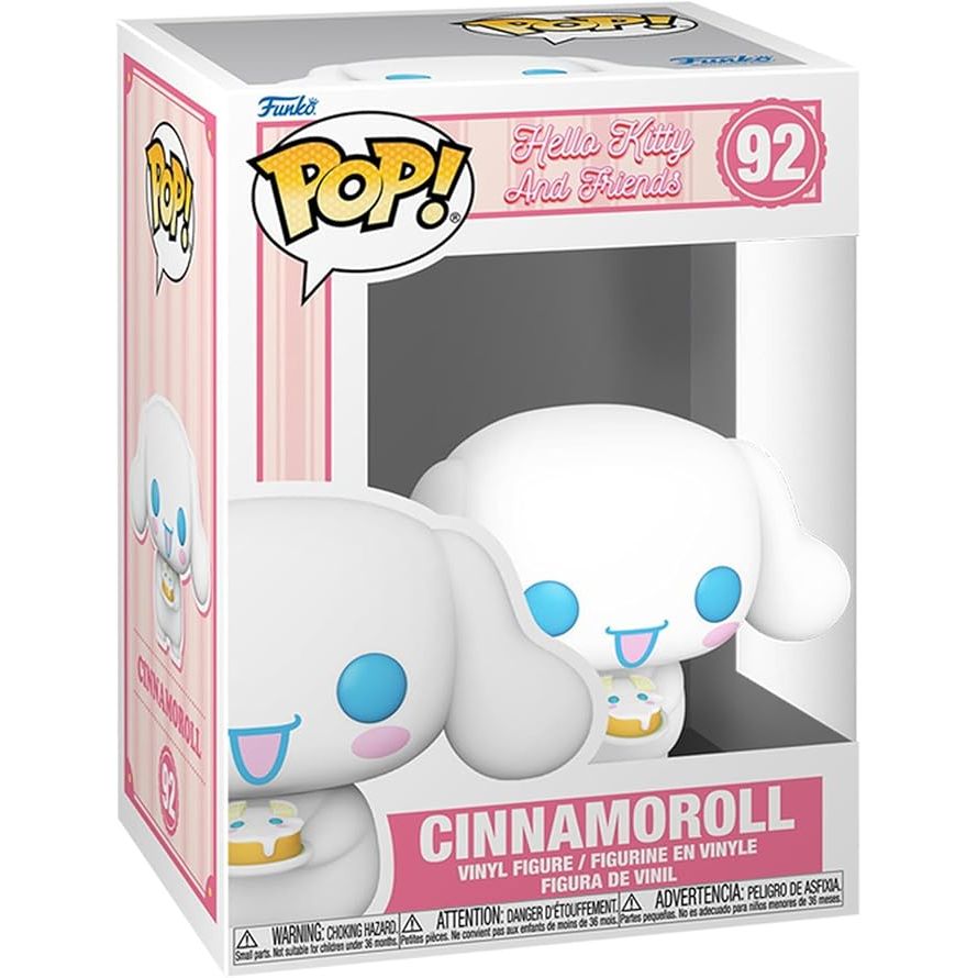 A Funko POP! Sanrio: Cinnamoroll (#92) figure by Funko, featuring an adorable white character with big blue eyes, floppy ears, pink cheeks, and a blue tongue holding a small yellow dessert, set against a plain white background.