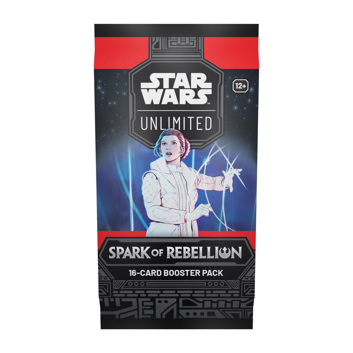 A 16-card Star Wars: Spark of Rebellion Booster Pack featuring Princess Leia on the front.
