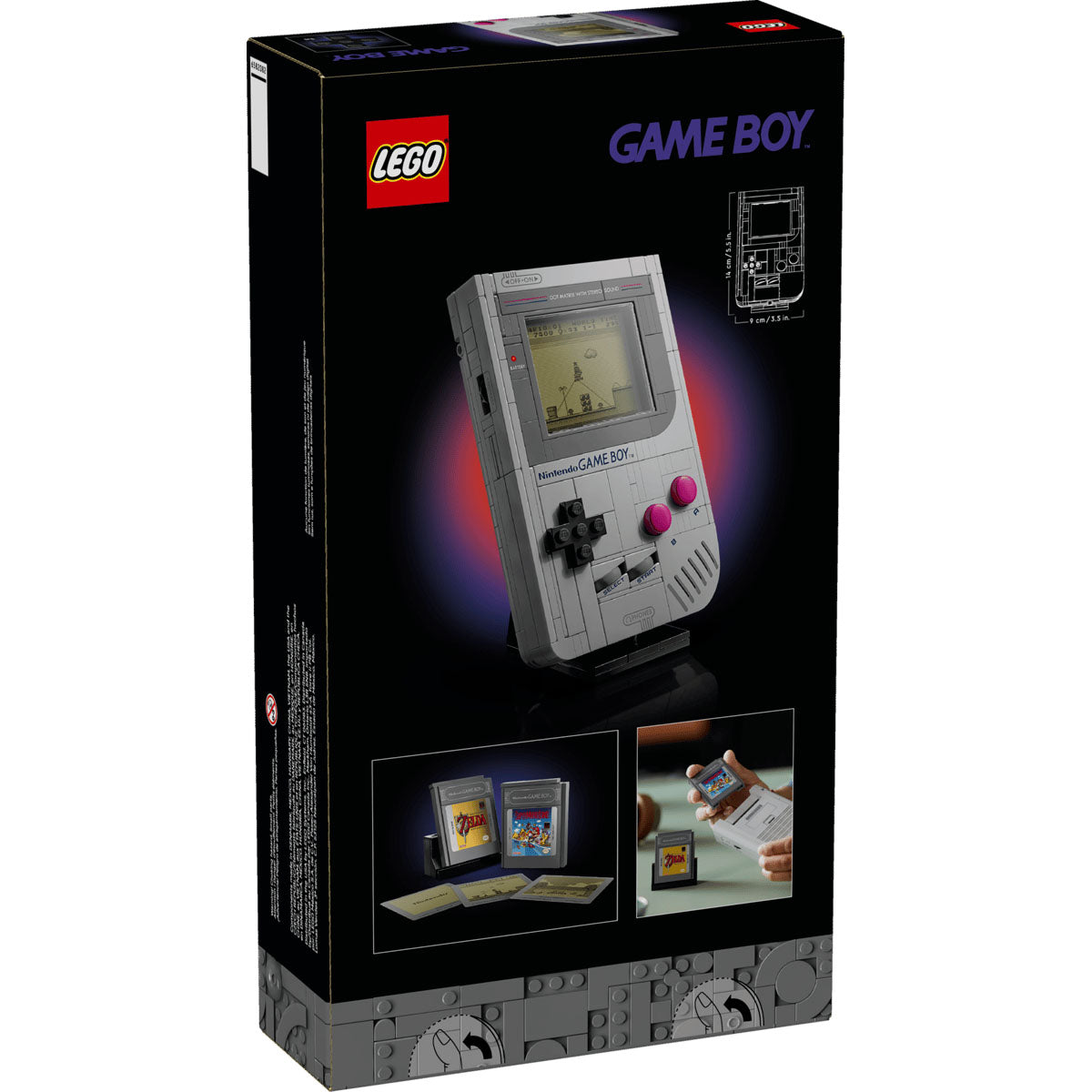 The LEGO Super Mario™ Game Boy™ by LEGO captures retro gaming vibes with two cartridge stands for The Legend of Zelda and Super Mario Land, plus two pixelated game scene tiles displayed in front.