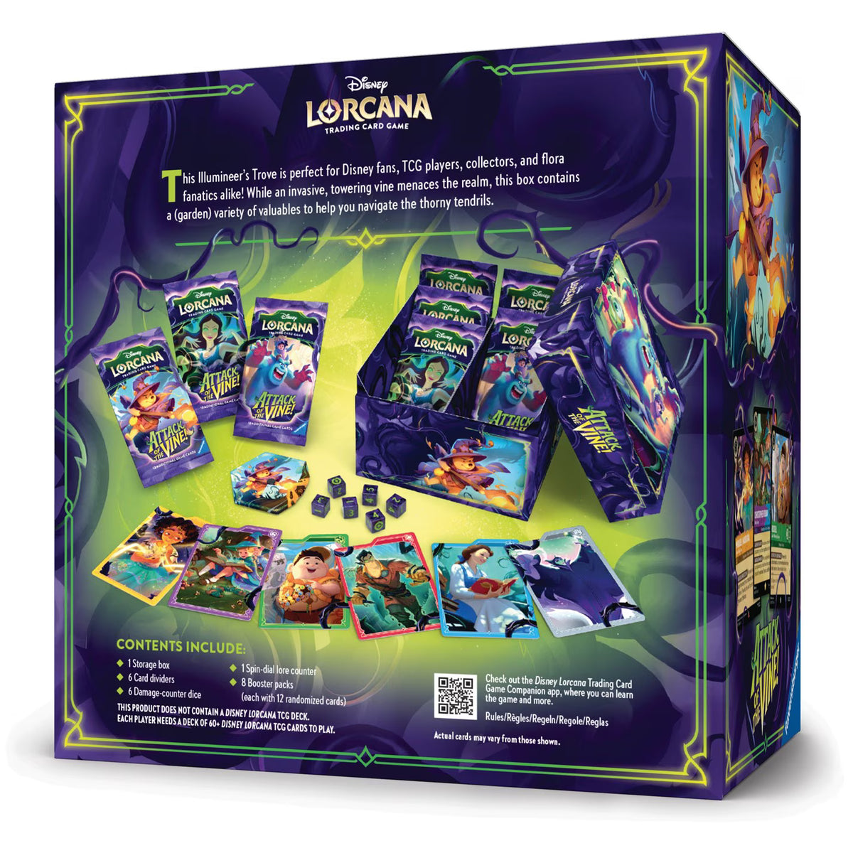 Ravensburger’s Disney Lorcana: Attack of the Vine Illumineer's Trove box showcases Monsters, Inc. characters Sulley, Mike, and Boo among glowing vines and a magical dark backdrop—a must-have for true Disney Lorcana fans.