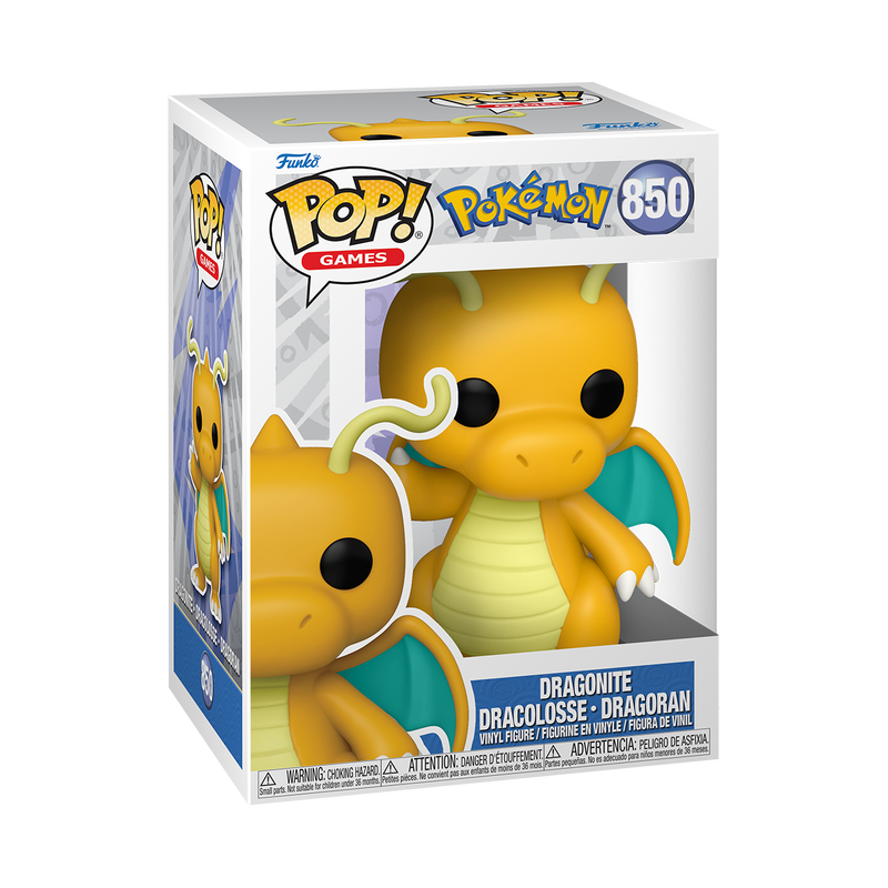 Funko POP! Pokemon: Dragonite - #850 vinyl figure with an orange body, pale yellow belly, teal wings, and two long antennae.
