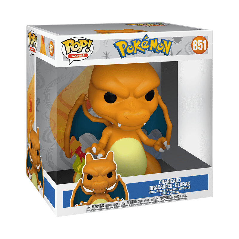 A jumbo Funko POP! Pokemon: Jumbo Charizard - #851 vinyl figure of the orange dragon Pokemon inside its display box.