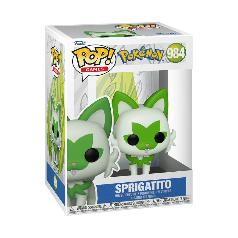 A Funko POP! Pokemon: Sprigatito (#984) vinyl figure by Funko, featuring the cute cartoon cat Pokémon with large green ears, green facial and chest markings, big black eyes, and a leaf-like collar, shown against a plain white background.