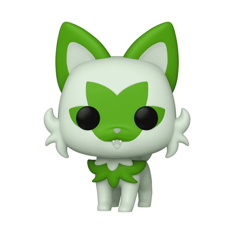 A Funko POP! Pokemon: Sprigatito (#984) vinyl figure by Funko, featuring the cute cartoon cat Pokémon with large green ears, green facial and chest markings, big black eyes, and a leaf-like collar, shown against a plain white background.