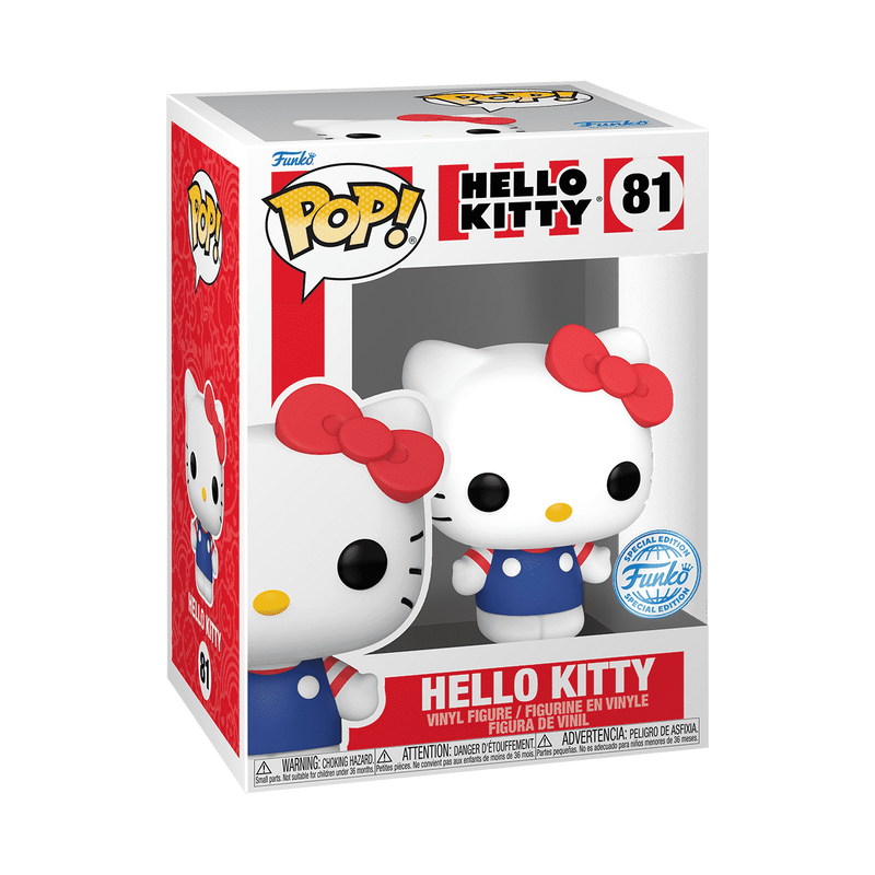 The Funko POP! Sanrio: Hello Kitty with Red Bow - #81 by Funko is a cartoon-style white cat figurine featuring a red bow, black eyes, yellow nose, and a blue dress with red and white sleeves, shown against a plain white background.