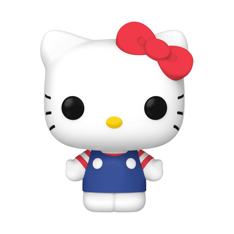 The Funko POP! Sanrio: Hello Kitty with Red Bow - #81 by Funko is a cartoon-style white cat figurine featuring a red bow, black eyes, yellow nose, and a blue dress with red and white sleeves, shown against a plain white background.