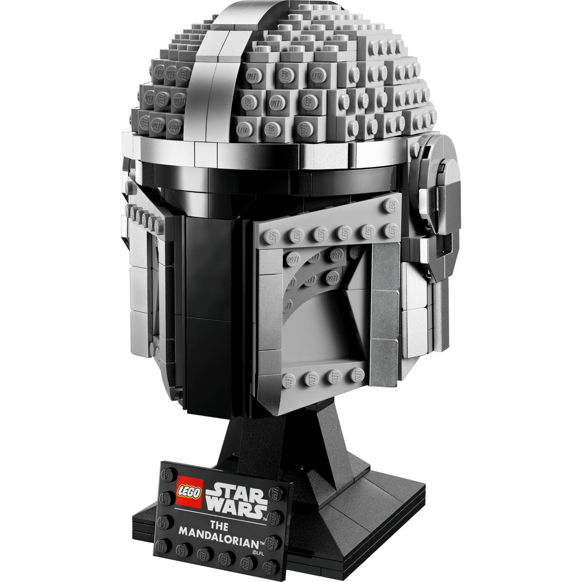 LEGO Star Wars™ Mandalorianerens hjelm, sæt 75328, for 18+, med 584 dele. Displaymodellen har både LEGO og Star Wars logoer på sort baggrund – en ikonisk del af Star Wars Helmet Collection.