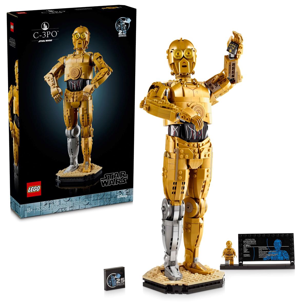 LEGO Star Wars™ C-3PO™ stands with one arm raised, comes with a display plaque, a C-3PO minifigure, and packaging featuring the model and Star Wars branding.