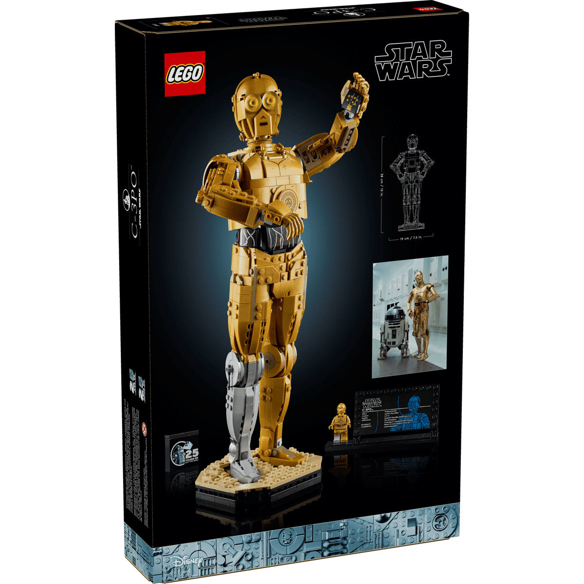 LEGO Star Wars™ C-3PO™ stands with one arm raised, comes with a display plaque, a C-3PO minifigure, and packaging featuring the model and Star Wars branding.