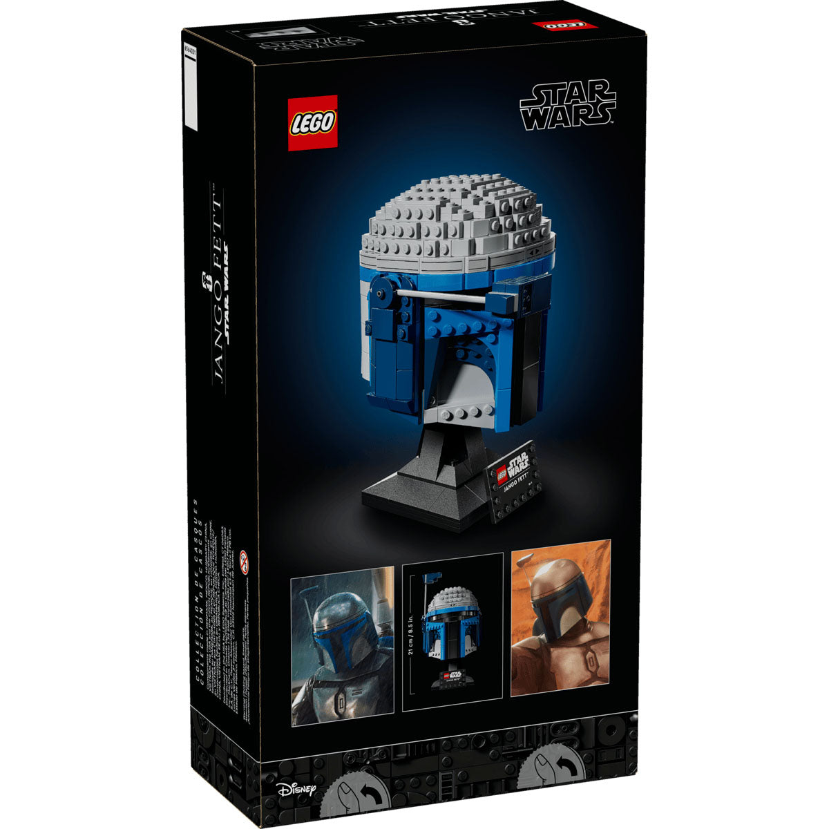 LEGO Star Wars™ Jango Fetts™ hjelm fra LEGO, samlet og vist på stand med navneplade ved siden af emballagen fra Star Wars Helmet Collection, der viser hjelmen og produktdetaljer.