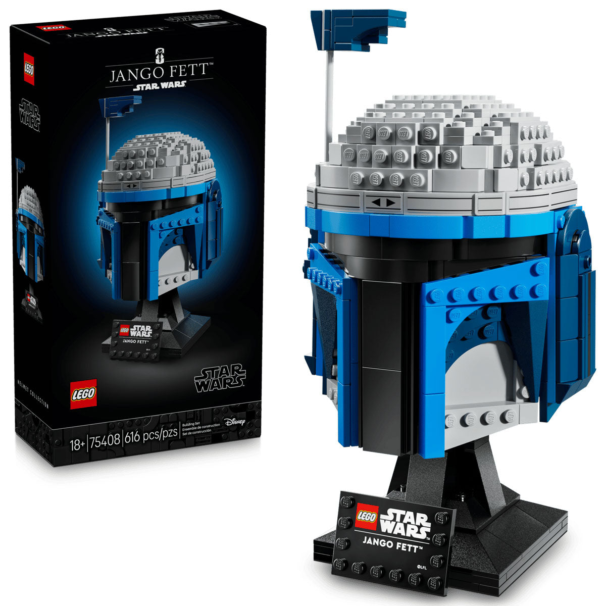 LEGO Star Wars™ Jango Fetts™ hjelm fra LEGO, samlet og vist på stand med navneplade ved siden af emballagen fra Star Wars Helmet Collection, der viser hjelmen og produktdetaljer.