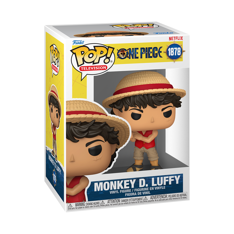 A Funko POP! One Piece: Luffy (Live Action) - #1878 vinyl figure of a young man with messy dark hair wearing a straw hat, red vest, and khaki shorts, posed with arms crossed.