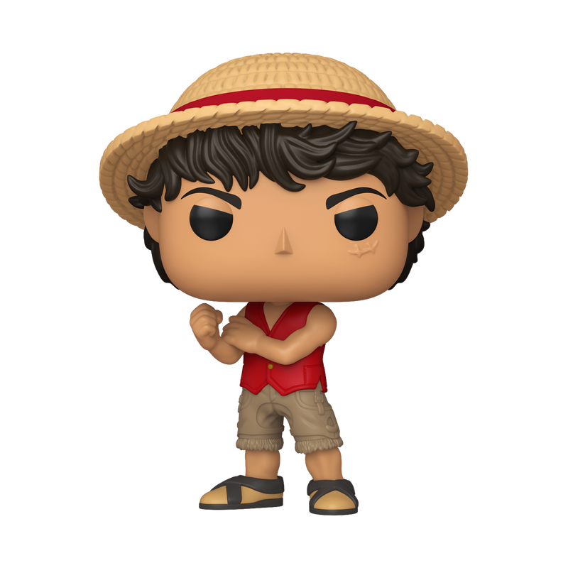 A Funko POP! One Piece: Luffy (Live Action) - #1878 vinyl figure of a young man with messy dark hair wearing a straw hat, red vest, and khaki shorts, posed with arms crossed.
