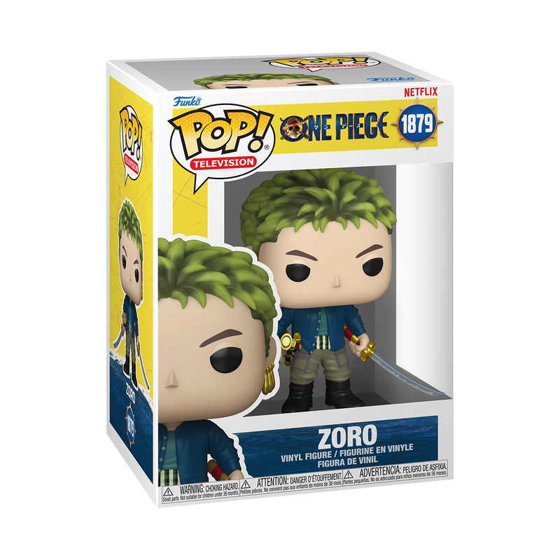 The Funko POP! One Piece: Zoro (Live Action) - #1879 vinyl figure by Funko features Zoro with spiky green hair, gold earrings, a blue jacket over a striped shirt, and beige pants, holding two curved swords and displayed against a white background.