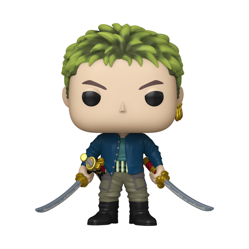 The Funko POP! One Piece: Zoro (Live Action) - #1879 vinyl figure by Funko features Zoro with spiky green hair, gold earrings, a blue jacket over a striped shirt, and beige pants, holding two curved swords and displayed against a white background.