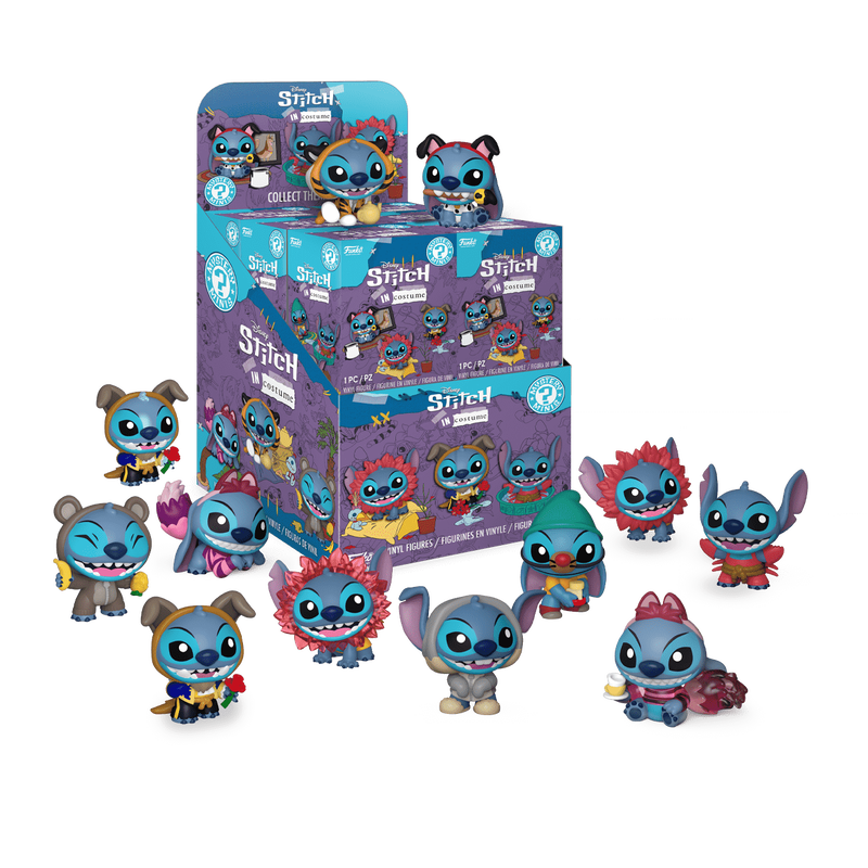 A set of Funko POP! Disney: Stitch in Costume Mystery Minis by Funko, featuring colorful Stitch figurines each uniquely dressed in different costumes, displayed around and on top of two purple collectible boxes.