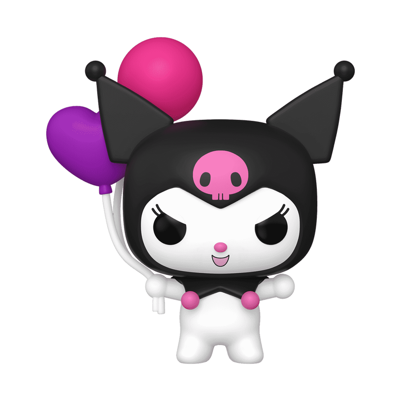 Funko POP! Sanrio: Kuromi with Balloons (#85) by Funko features Kuromi in her signature black jester hat with a pink skull, holding purple and pink heart-shaped balloons and standing with her arms raised.