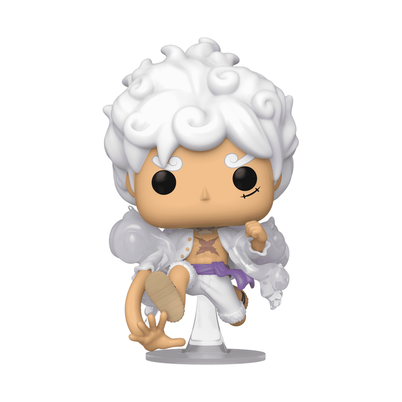 Funko POP! One Piece: Luffy Gear Five (#1607) by Funko features a vinyl figure of Luffy with white curly hair, tan skin, and a white outfit accented by a purple sash, posed mid-leap with one arm extended and stylized cloud details on the shoulders and legs.