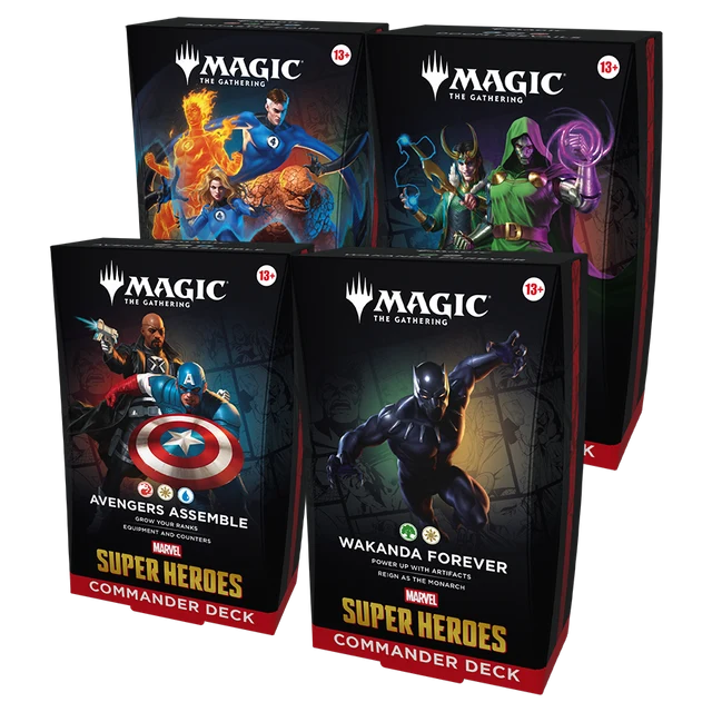 Four Wizards of the Coast Magic the Gathering: Marvel Super Heroes Commander Deck boxes, featuring Avengers Assemble, Wakanda Forever, Fantastic Four, and Loki-themed designs.