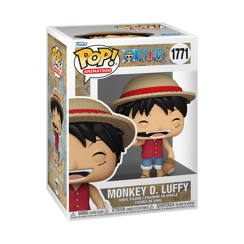 Funko POP! One Piece: Monkey D. Luffy with Meat (#1771) by Funko features Luffy in his signature straw hat, red vest, blue shorts, and sandals, grinning widely as he holds a piece of meat and displays the small scar under his eye.