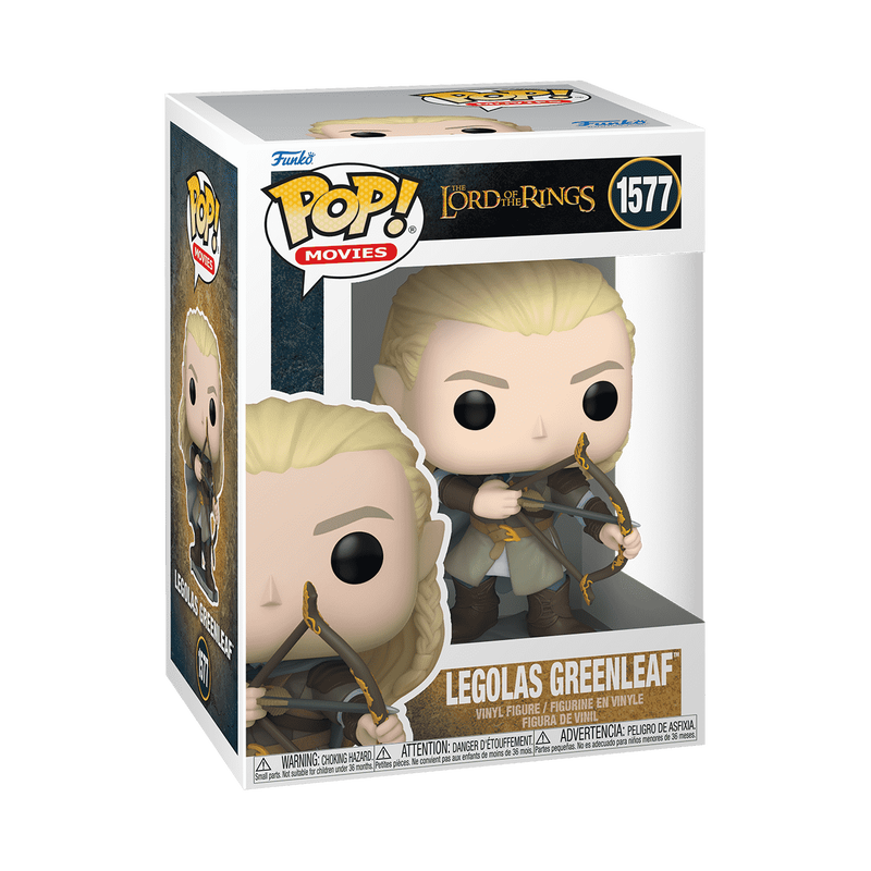 A Funko POP! Lord of the Rings: Legolas Greenleaf with Bow & Arrow (#1577) vinyl figure by Funko, featuring Legolas with long blond hair, pointed ears, and a bow, dressed in a green tunic, gray cloak, and brown boots, standing on a small base.