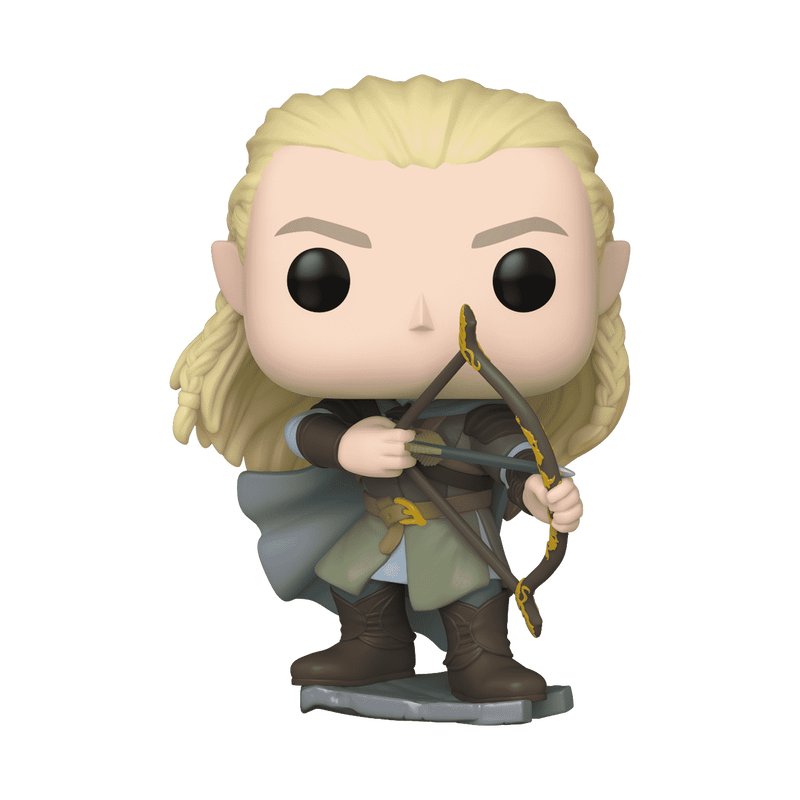 A Funko POP! Lord of the Rings: Legolas Greenleaf with Bow & Arrow (#1577) vinyl figure by Funko, featuring Legolas with long blond hair, pointed ears, and a bow, dressed in a green tunic, gray cloak, and brown boots, standing on a small base.