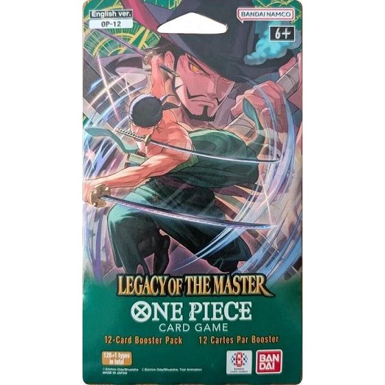 One Piece Card Game: OP12: Legacy of the Master Sleeved Booster Pack featuring Dracule Mihawk and Roronoa Zoro.