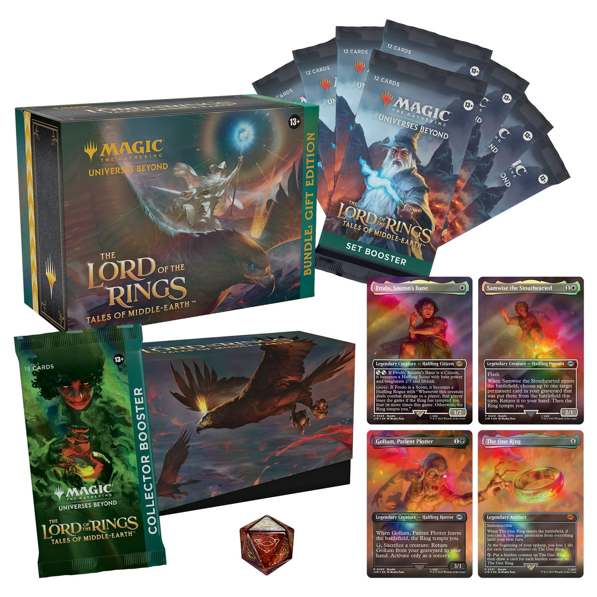 Experience the Magic: The Gathering - The Lord of the Rings Tales of Middle – Bundle: Gift Edition from Wizards of the Coast, featuring vibrant, mystical artwork of Gandalf wielding a staff and sword atop a majestic eagle. This striking collectible bundle is perfect for fans looking to immerse themselves in The Lord of the Rings Magic universe.