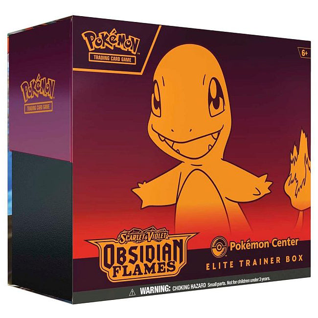 The Pokémon TCG: Obsidian Flames Pokemon Center Elite Trainer Box by The Pokémon Company showcases a large orange Charmander on a red and purple box with official Pokémon TCG branding.