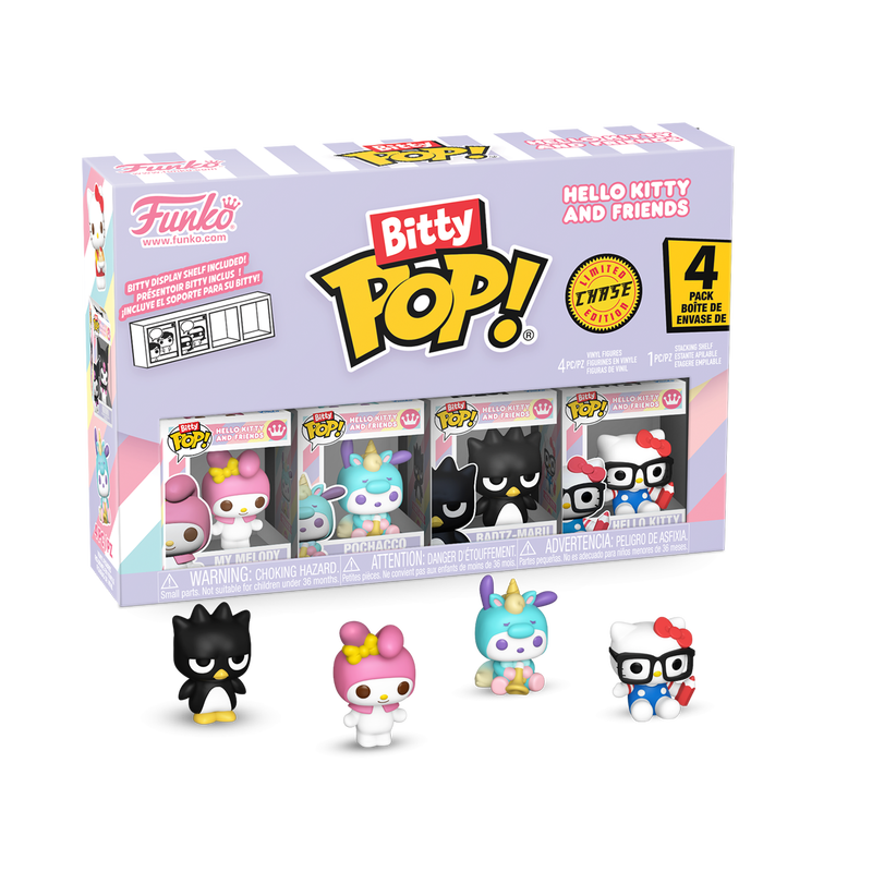 The Bitty POP! Hello Kitty and Friends 4-Pack Series 4 by Funko features miniature figurines of Hello Kitty, My Melody, Chococat, and Kuromi displayed in front of the packaging.