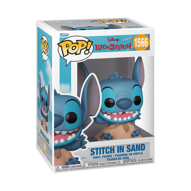Funko POP! Disney: Stitch in Sand (#1566) collectible figure by Funko, featuring Stitch from Lilo & Stitch with a big smile and wide eyes, standing in a pile of sand with his feet and hands partially buried.