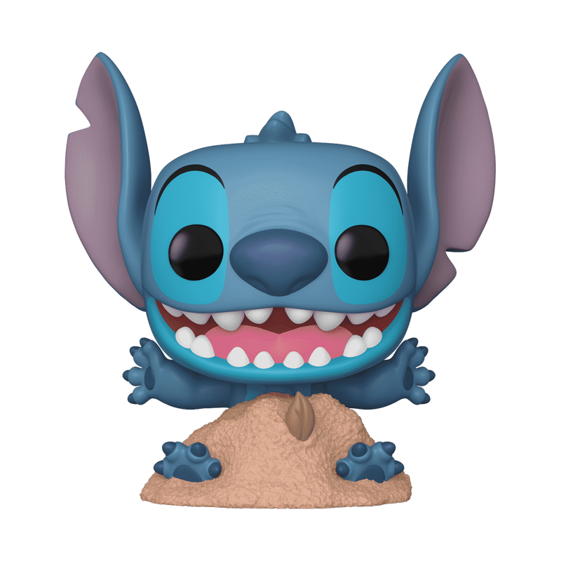 Funko POP! Disney: Stitch in Sand (#1566) collectible figure by Funko, featuring Stitch from Lilo & Stitch with a big smile and wide eyes, standing in a pile of sand with his feet and hands partially buried.