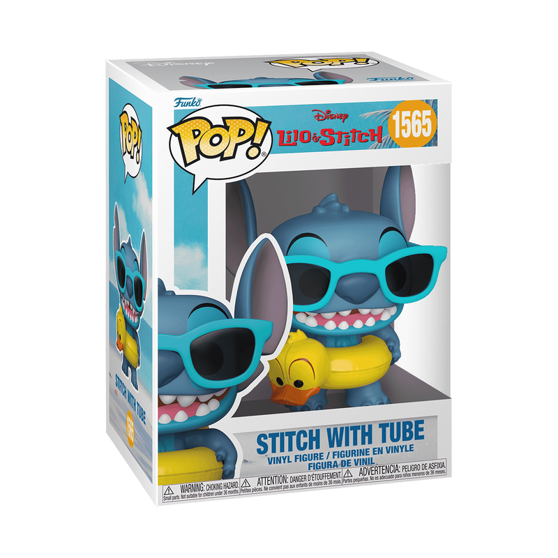 The Funko POP! Disney: Stitch with Tube (#1565) vinyl figure by Funko features Stitch smiling with wide eyes and large ears, wearing teal sunglasses and holding a yellow duck float.